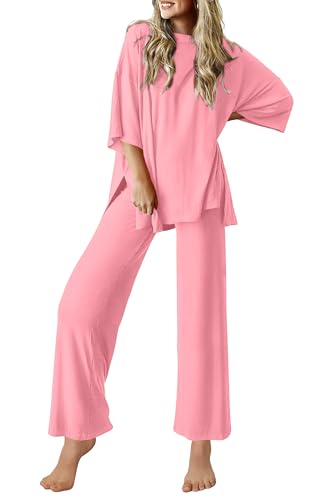 Image of Ekouaer Lounge Sets for Women Short Sleeve Tops and Long Pants Soft Comfy Pajamas Set 2 Piece Outfits