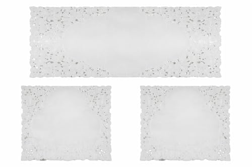 Corredocasa Tris Centrini Ricamati a Mano, Misto Poliestere Set 1 Runner Tavola Rettangolare 40x90 cm e 2 Centri Tavola 30x40 cm Centrini Moderni per Mobili, Cucina, Sala da Pranzo (Disegno 2 Bianco)