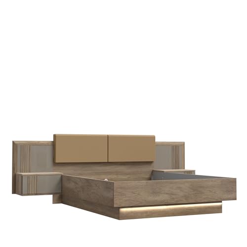 möbelando Bettanlage >Savona< Stellmaß 290,1x97,5x206,6cm, Liegefläche 160x200cm, Kunstleder Kopfteil, LED Beleuchtung, Eiche Antik Dekor, Beige Glanz, Integrierte Nachtkommoden mit Push-to-Open möbelando Bettanlage >Savona< Stellmaß 290,1x97,5x206,6cm, Liegefläche 160x200cm, Kunstleder Kopfteil, LED Beleuchtung, Eiche Antik Dekor, Beige Glanz, Integrierte Nachtkommoden mit Push-to-Open