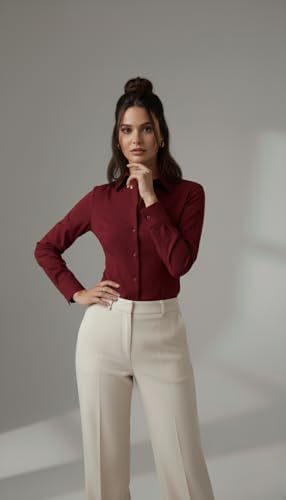 Image of modny Women Formal Cotton Shirt | Full Sleeve Regular Fit with V-Shape Collar | Stylish Casual & Office Wear Shirt | Available in Plus Sizes