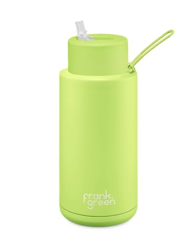 frank green Reusable Water Bottle with Straw Lid, Ceramic Insulated Water Bottles with Triple Wall Vacuum, flasks for hot and Cold Drinks, Leak-Resistant Drinks Bottle - Pistachio Green, 34oz/1 Litre