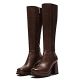 SUIARA Platform Brown Knee High Boots Women Square Toe Chunky Block Heel Tall Boots Fashion Dress Long Boot Side Zipper