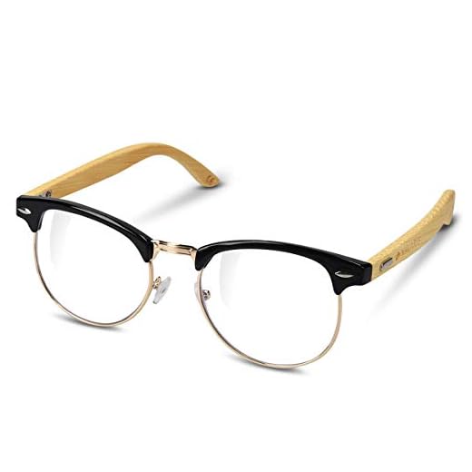 Navaris Retro glasögon utan synlighet – dam män 50-tals nerd glasögon – anti-blå-ljus dator glasögon – nördglasögon utan styrka med bambu strykning