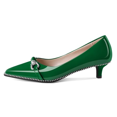 Women Green Kitten Pumps Low Heel Pointed Toe Shoes Ladies Trendy Classic Beaded Dressy Shoes for Event Party Green Patent Leather US Size 8.54