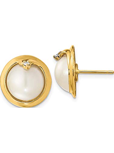 14K Yellow Gold 10-12Mm Cultured Mabe Pearl & Diamond Earrings (Length=15) (Width=15)