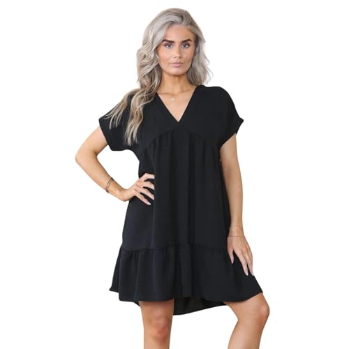 Women's Ladies Short Sleeve Summer New V Neck Frill Swing Layered Smock Pleated Ruffle Mini Casual Loose Long T-Shirt Dress Ladies Holiday Beach Tops Black 20-22