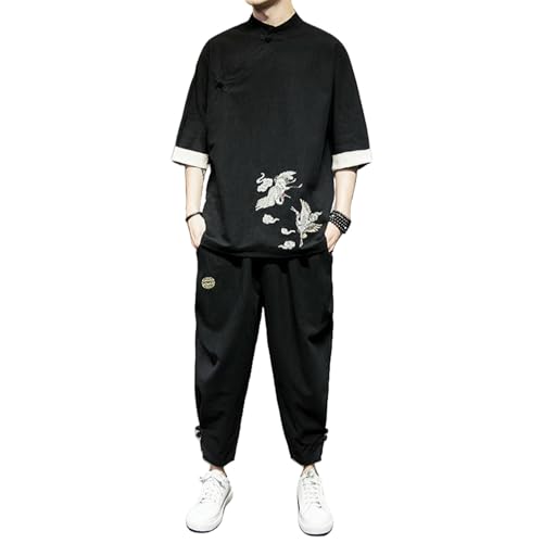 T-shirt brodé homme style chinois coton lin et pantalon cropped noir pour rester frais en été