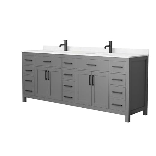 Beckett 84 Inch Double Bathroom Vanity in Dark Gray, Carrara Cultured Marble Countertop, Undermount Square Sinks, Matte Black Trim