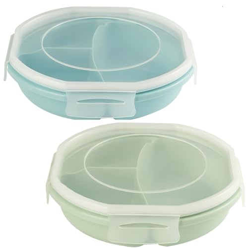 GOMETY 2er Set Mikrowellen Teller Bento-Schüssel, Luftdicht Schnallendesign Vorrats Dose Getrennt Aufbewahrung mit 3 Fach BPA frei Mikrowellengeschirr mit Deckel zum erhitzen, einfrieren (Blau+Grün)