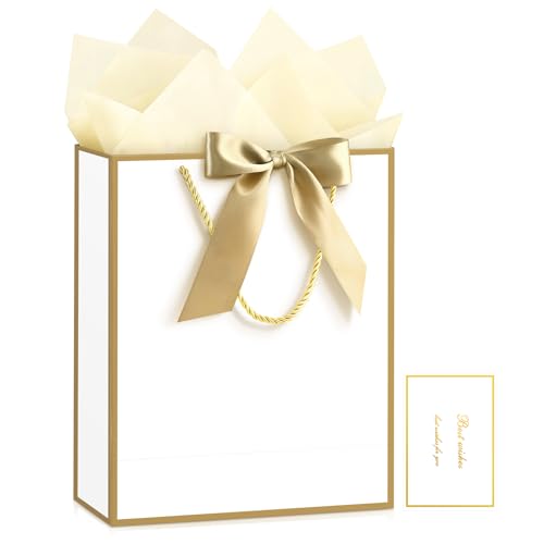 Image of JMANNI Gift Bag, 1PCS Gift Bags with Ribbon and 1 Greeting Cards 2 Tissue Paper, Portable Paper Gift Bag with Handles, Birthday Gift Bags,Present Bags for Wedding Party Mothers Day(Gold)