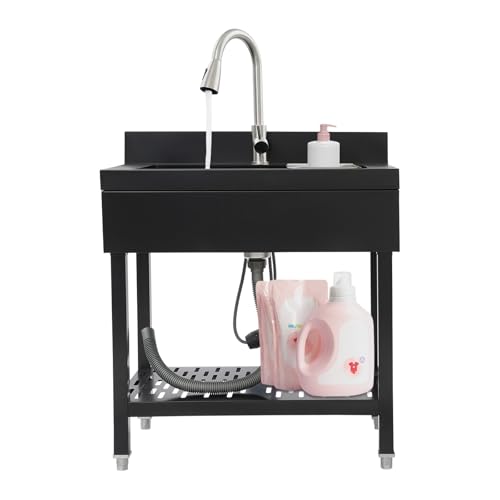 Fregadero independiente de acero inoxidable 304 con grifo extensible de 360 grados y escurridor, fregadero comercial para jardín, garaje, restaurante y cocina interior