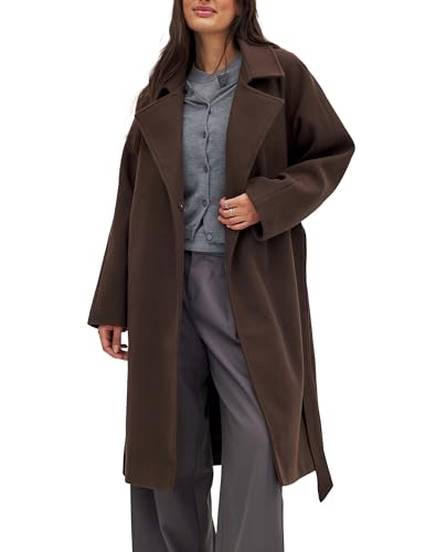 Tomosc Belted Coat for Women Winter Classic Loose Open Front Notch Lapel Trench Peacoat Long Outwear with Pockets (24-Brown-L)