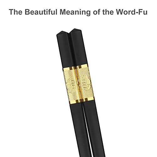 10 Pairs Quality Fiberglass Chopsticks for Sushi Noodles Asian Dishes, Reusable Chopstick Gift Set Dishwasher Safe, Japanese Chinese Non-Slip Chop Sticks Lightweight Easy to Grip, Black and Gold