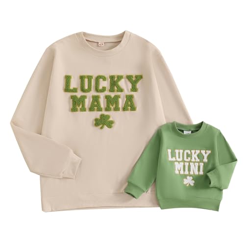 Karuedoo Mommy and Me Outfits St Patricks Day Family Matching Outfits Letter Clover Crewneck Sweatshirt Long Sleeve Shirt Top