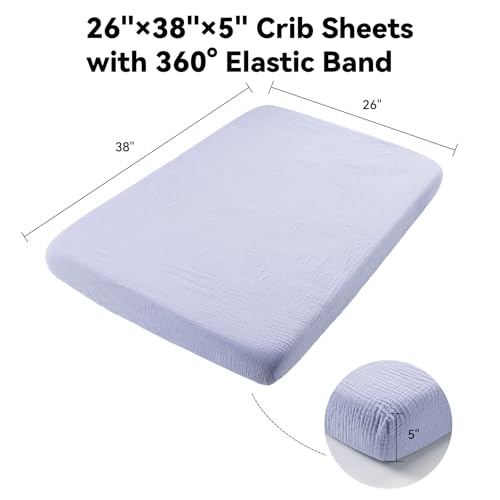 Image of TILLYOU Muslin Mini Crib Sheets 2 Pack, Pack and Play Mattress Sheets Fitted for Pack N Play, 38 x 26 Sheet for Toddler, Grey and Blue