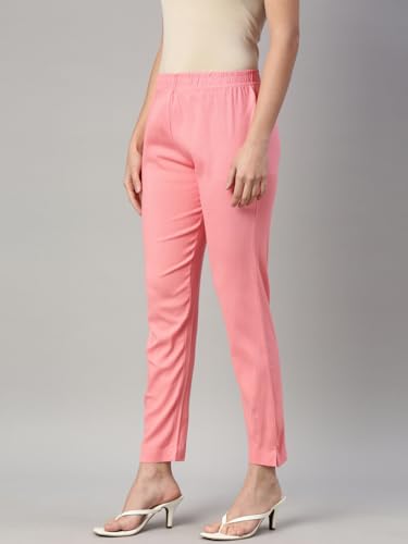 Image of MINELLI Women Solid Cigar Pants, Cotton Lycra Slub Fabric, Elasticated Waistband, Pull On Style, Regular Fit Bottom Wear for Western and Ethnic Wear