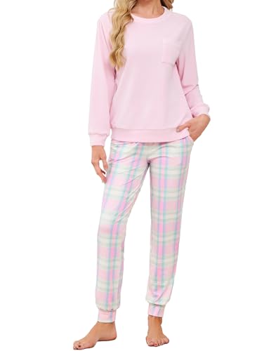 Famulily Womens Plaid Pyjamas Sets Warm Fleece Pajamas for Women 2 Piece Fluffy Loungewear Soft Nightwear Tops and Bottoms with Pockets Pink S