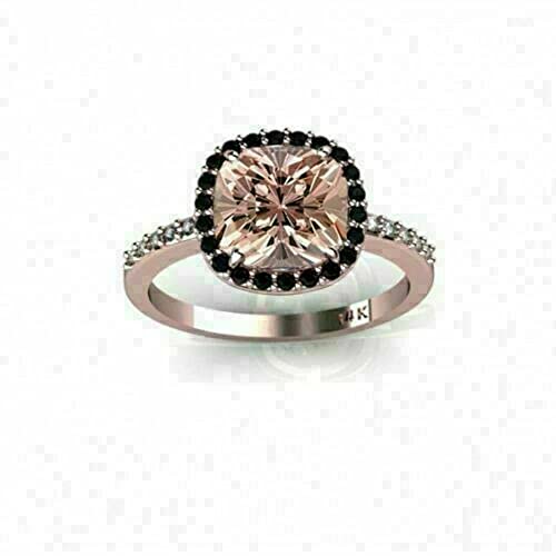 Cushion & Round Cut Morganite & Black Diamond Women's Engagement Bridal Ring Set 925 Sterling Silver 14K Rose Gold Finish2