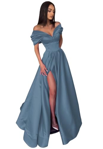 Image of Pleated Off The Shoulder Satin Prom Dresses for Women, Formal Evening Gowns Cocktail Party Dresses with Slit&Pockets
