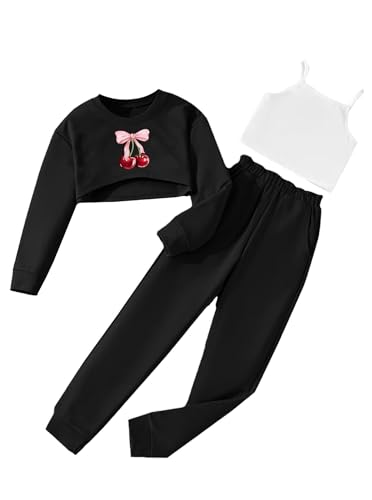Hilinker Girls Long Sleeve 3 Piece Outfits Graphic Crop Tee and Cami Top with Pants Set
