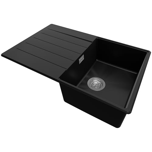 PRIMAGRAN Fregadero Cocina Negro 78x50cm, Granito 1 Seno + Sifón, Sobre encimera al mueble 45cm - Copenhague