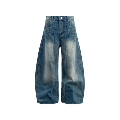 Men's Retro Washed Denim Jeans, American Style, Straight Leg, Curved Edges, Trendy Denim Pants