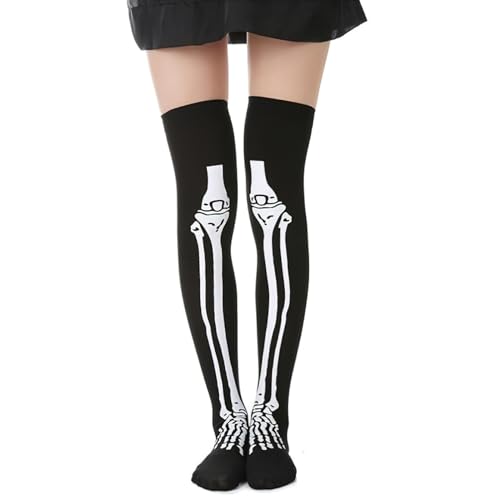 Women's Tall Knee High Socks Skeleton Bone Frame Thigh High Long Over Knee Socks for Halloween Cosplay Party Festival Stocking, Black2