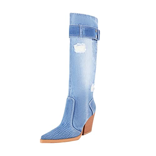 vivianly Women Denim Knee High Boots Pointy Toe Chunky Stacked Heel Cowgirl Boot
