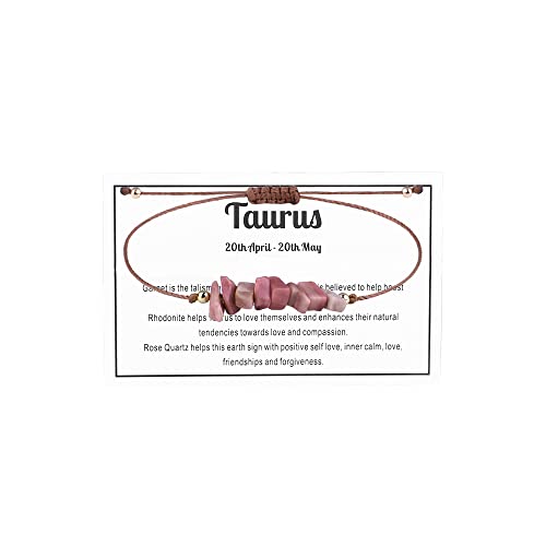 12 Constellation Zodiac Crystal Natural Stone Horoscope Stretch Bracelets Healing Gemstone Adjustable Braid Cord String Rope for Couples Friendship Reiki Yoga Meditation Jewelry-Taurus B