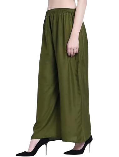 Image of FASHION GALLERY Women's Solid Rayon Palazzo Pants | Relaxed Fit Full Length Wide Leg Palazzo | Elastic Waist Comfortable Casual Lounge Office Ethnic Flared Trousers for Women