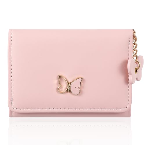 Cute Bow Wallet Woman Kawaii Coquette Wallet for Girls Small Womens Wallet Card Holder for Women Pink PU Leather with Golden Bow, Gift for Fashionable Ladies