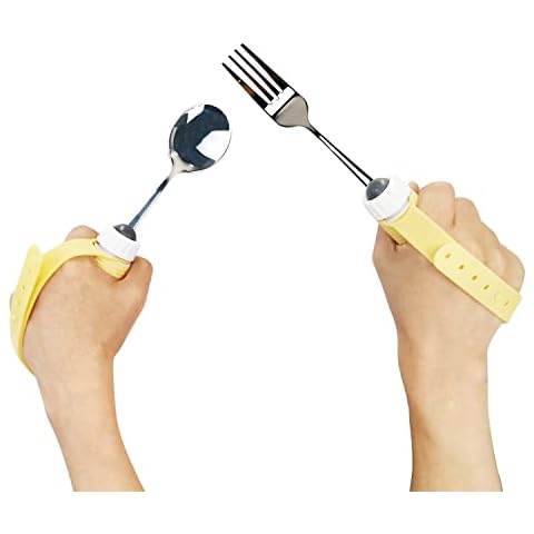 Fstcrt Adaptive Utensils Spoons Forks Set Weighted, Non-Slip Handles & rubber strap, for Hand Tremors & Muscle Weakness, Arthritis, Parkinson’s, Elderly; Dishwasher Safe,Stainless Steel Cover