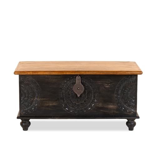 Image of Rafi Wooden Trunk Box for Storage | Solid Wood Coffee Table for Living Room | Center Coffee Table with Storage | Front Wooden Carved Sandook Pitara for Home Decor & Bedroom (Black Distress)