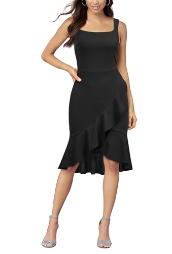 Image of FORTRIC Women Square Neck Summer Wedding Guest Formal Party Cocktail Midi Dress