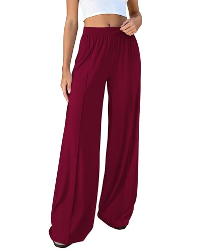 BTFBM Palazzo Pants for Women 2026 Spring Summer Casual Lounge Pants High Waist Flowy Trousers Baggy Wide Leg Pants(Burgundy Medium)