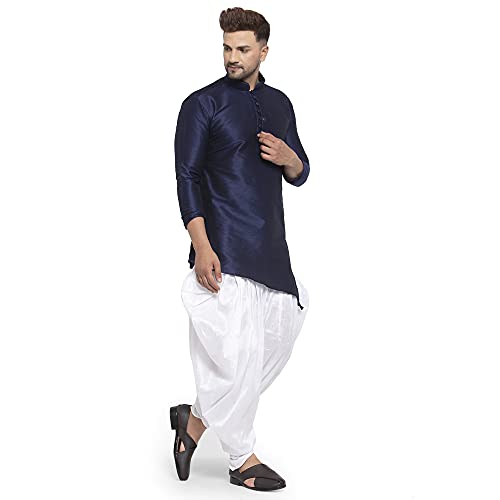 Image of Men's Silk Balloon Salwar Dhoti Pant Set (NavyB Slant Slit K But White Sal Dh40 Navy, White 40)