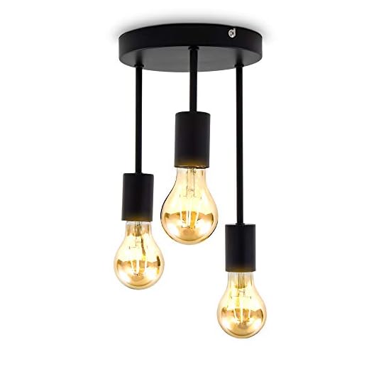 B.K.Licht Taklampa, E27-uttag, glödlampor ingår inte max 60 W, matt svart metalldiameter 19 cm/7,4 tum, höjd 31 cm/12,2 tum infälld montering retro taklampa, 3-flammig vintage lampa för hall, sovrum