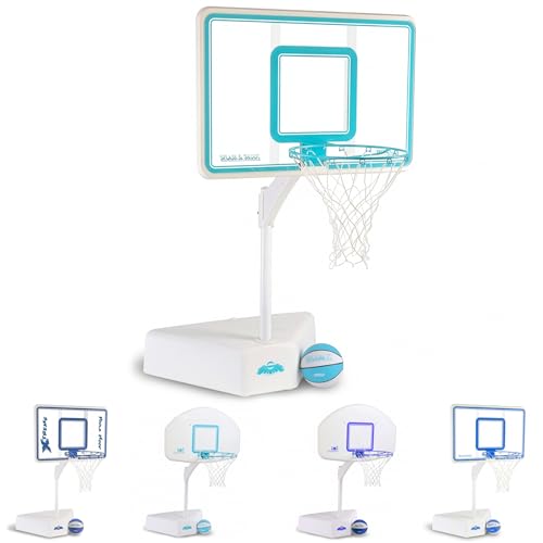 Dunn-Rite Splash & Shoot Pool Basketball Hoop, Adjustable Height Backboard – 200lbs Water-Filled Base, Stainless Steel Rim & Waterproof Basketball, Made in USA, Clear Aqua