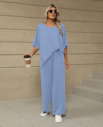 Image of KevaMolly 2 Piece Lounge Set for Women Postpartum Oversized Tops and Wide Leg Pants Soft Comfy Pajamas Set 2 Piece Outfits