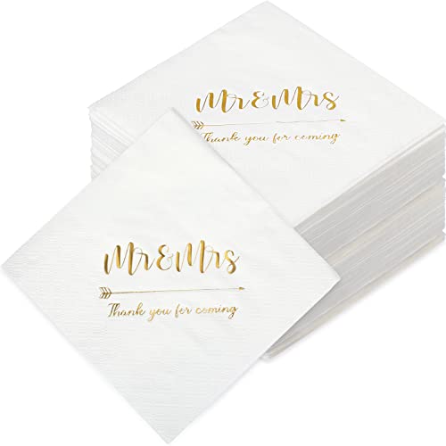 200 Pieces Wedding Napkins Mr Mrs Wedding Cocktail Napkins 3 Ply Gold Foil Napkins Disposable Beverage Dessert Napkins for Wedding Table Decorations Shower Engagement Party