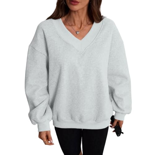 FULILYEO Womens V Neck Oversized Sweatshirts Long Sleeve Pullover Fleece - image 4