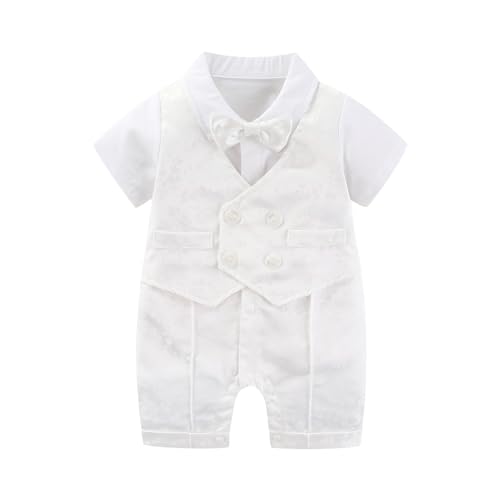 Hresadio Baptism Outfits for Baby boys Christening Outfit Dress Shirt Romper Bowtie Newborn Tuxedo Jumpsuit Formal Suit White 3-6 Months