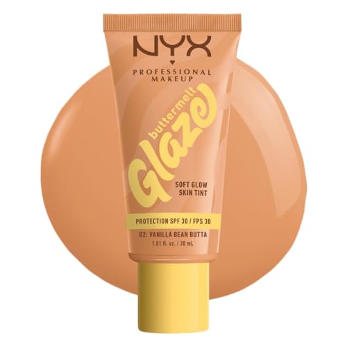 NYX Professional Makeup Base de Maquillaje Iluminadora Buttermelt Glaze, Acabado Natural y 12H de Duración, Con SPF 30, Para Todo Tipo de Piel, Tono: 02 Vanilla Bean Butta