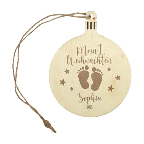 Herz & Heim® Personalisierter Holzanhänger in Christbaumkugel-Form – Weihnachtsbaumschmuck mit Gravur oder Druck – Motive mit Name, Jahr oder Foto – Dekoration & Erinnerung (Mein erstes Weihnachten)