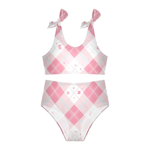 Pink Gingham Cute Girl 2 Pieces Kids Bikini Set Scoop Neck Swimsuit Swimwear Cute Shoulder Strap3