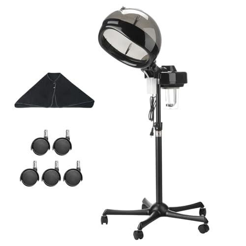 Happybuy Professional Hair Steamer for Deep Conditioning, 11.81 inch Hooded Ionic Hair Steamer with 2 Modes, Height-Adjustable Standing Hair Steamer with Timer, 5 Wheels (2 Lockable)