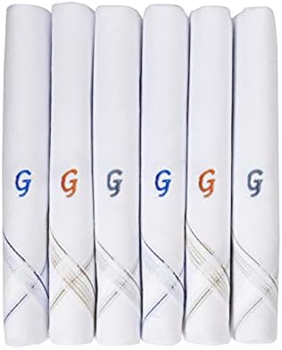 Men's Initial Monogram A-Z 100% Cotton Handkerchief, Gents Hanky 6 Pack