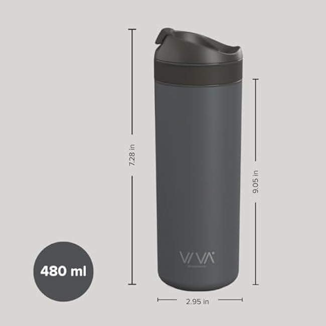 VIVA Recharge Grey Insulated Tea & Coffee Mug & Travel French Press Coffee Maker, 16 oz, Brew & Drink From the Same Coffee Mug On the Go or Camping