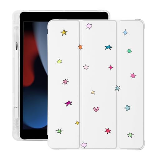 Coque iPad Pro 11 M4 M5 avec porte-crayon - Protection étoile kawaii en cuir TPU blanc