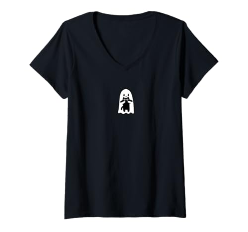 Womens Ghost Holding a Cat Cute Halloween Costume Kawaii Funny Kids V-Neck T-Shirt